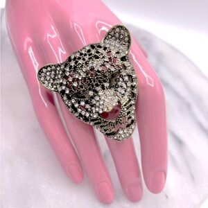 Chunky Crystal Cougar Animal Face‎ Ring with Stretch Band